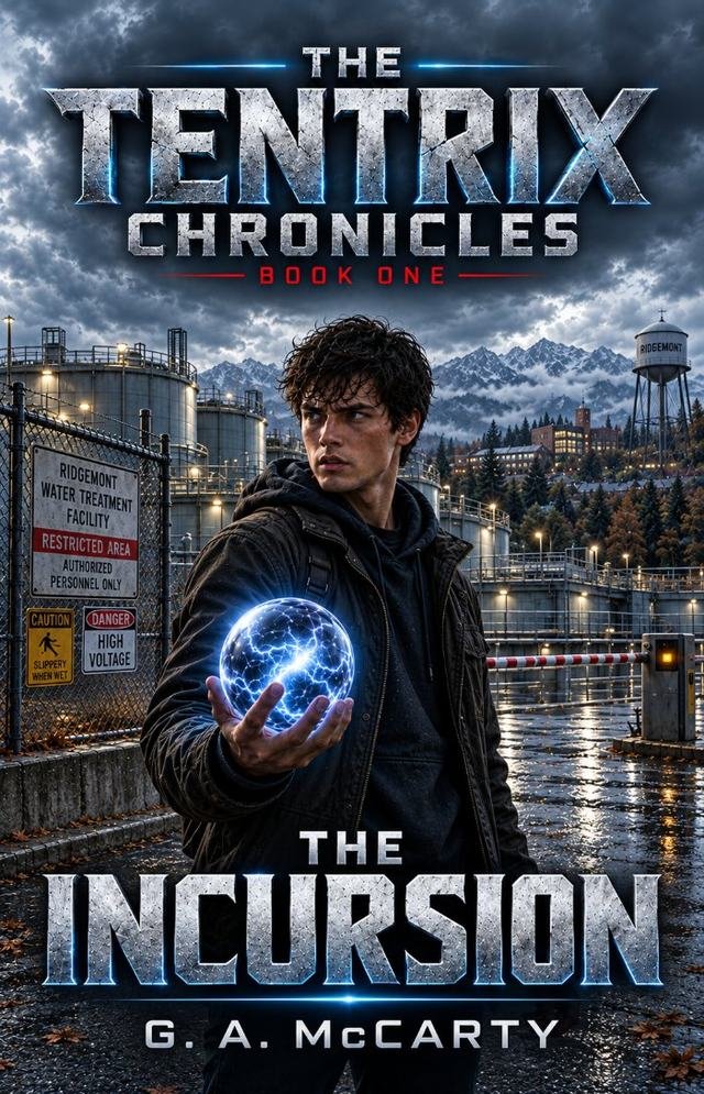 Front cover of The Incursion, Book One of The Tentrix Chronicles, by G. A. McCarty. A young man in a dark jacket holds a sphere of blue-white lightning outside the fenced Ridgemont Water Treatment Facility, with the town, water tower and mountains behind him under a storm sky.