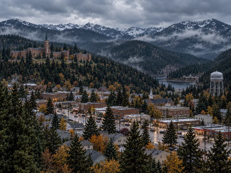 Ridgemont seen from a wooded hillside under grey clouds: brick storefronts and houses along a wet main street, pines and autumn trees, the university on its hill with a spired tower, a reservoir between the slopes, and a water tower marked RIDGEMONT, with snow-capped mountains beyond.