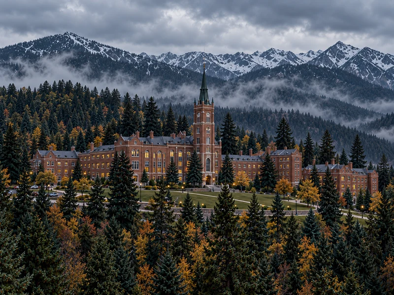 Ridgemont University at dusk: a long red-brick campus with lit windows and a central clock tower topped by a green spire, set among pines and autumn trees beneath misty, snow-capped mountains.