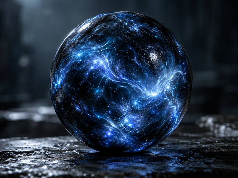 A smooth, dark sphere resting on wet stone, with blue-white lightning coiling beneath its glassy surface.